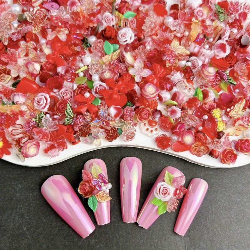 50pcs Mixed Style Nail Art Accessories, Rose Flower Charms, Small Floral Buds, Pearls, Bowknots, Leaves Embellishments For Nail Decoration
